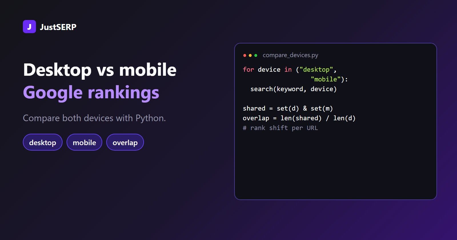 Python script comparing desktop and mobile Google rankings