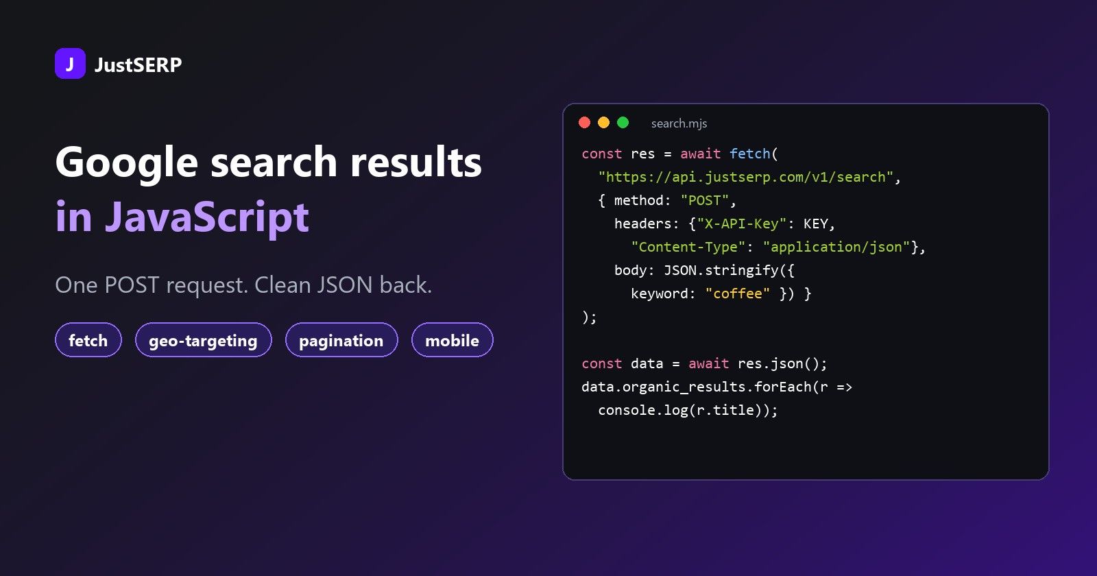 JavaScript code calling the JustSERP API with fetch
