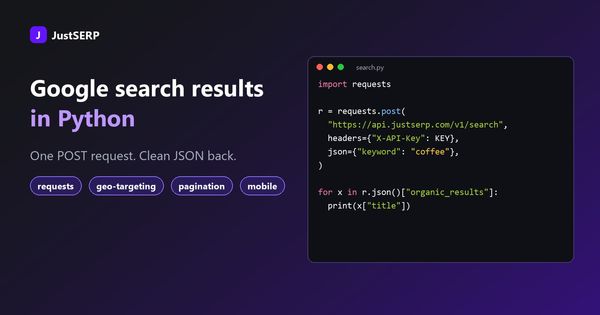 Python code calling the JustSERP API with the requests library